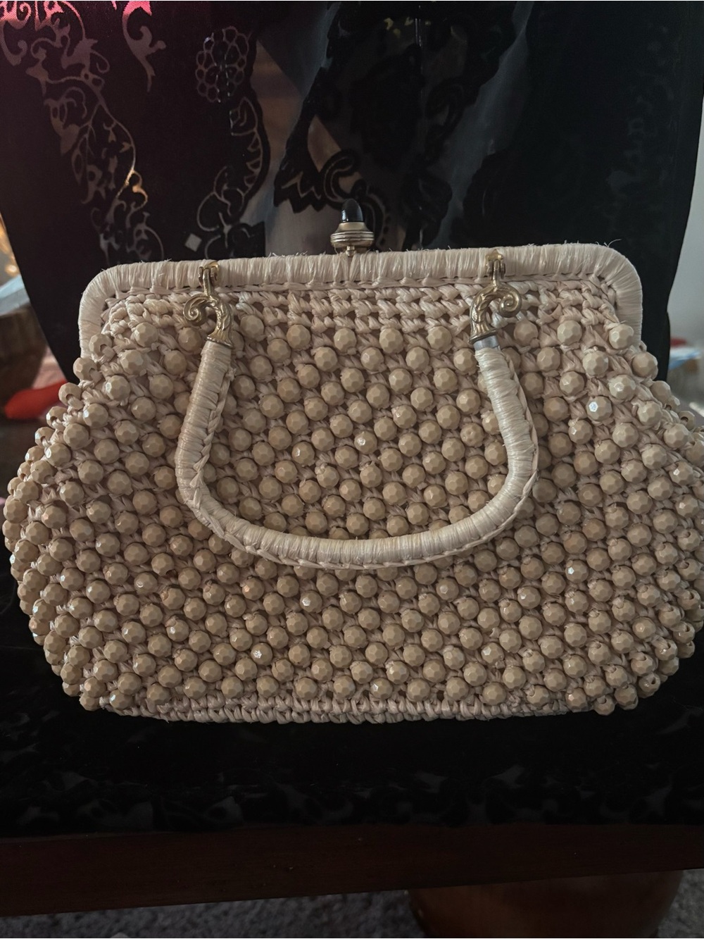 Vintage Mid-Century Beaded Raffia Hand Bag